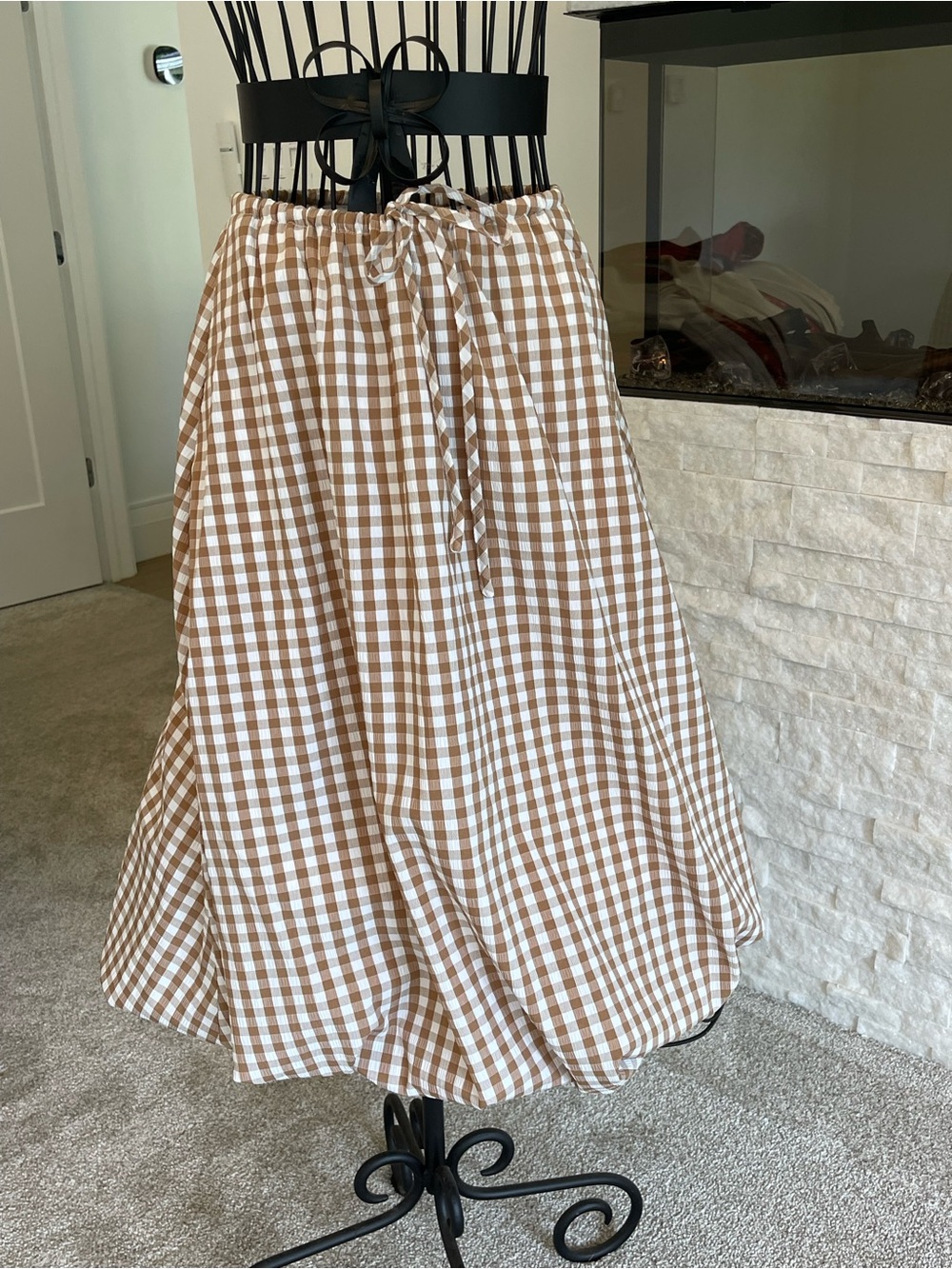 Brown Gingham A-Line Balloon Drawstring Waist Skirt - Picture 2 of 2